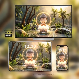 以下が含まれることがあります： テレビ、タブレット、スマートフォンに、熱帯の風景の中で光る蓮の花の上に座って瞑想する小さな仏像のデジタルイラストが表示されています。画面には時刻、日付、4K HDラベル、WALLPAPERPANDAのテキストが表示されています。