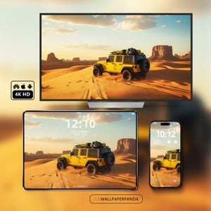 Yellow Jeep Desert Adventure 5-in-1 Wallpaper Bundle, Off-Road Sunset Background for Phone, Tablet, Smartwatch, Laptop and Folding Phone
