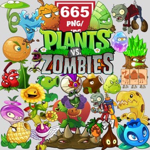 Puede incluir: Una colección de personajes de dibujos animados coloridos del juego Plants vs. Zombies. La imagen incluye varias plantas, zombis y el logotipo del juego. Un cuadrado rojo con el número "665" está en la parte superior central.