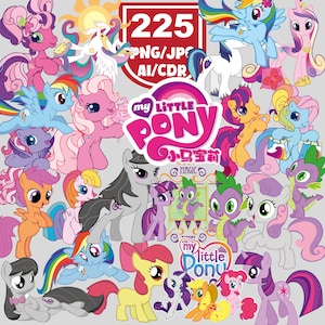 May include: A collection of colorful My Little Pony character illustrations. The image includes various ponies in different poses and colors, with the My Little Pony logo and text "225 PNG/JPG/AI/CDR".