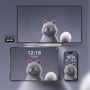 May include: A television, a tablet, and a smartphone displaying a grey cat with yellow eyes on their screens. The television shows a 4K HD icon with Huawei, Apple, and Android logos. The tablet displays 12:10, and the phone displays 10:12.