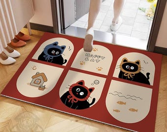 Zerbino con simpatico gatto nero, zerbino di benvenuto in stile boho per amanti dei gatti, tappeto antiscivolo kawaii per cucina, tappeto resistente per ingresso/disimpegno LM0694-G1