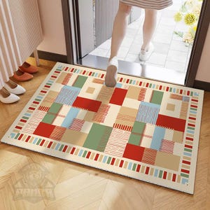Southwestern Geometric Floor Mat - Modern Tribal Patchwork Doormat, Terracotta Kilim Boho Welcome Mat LM0633-G1