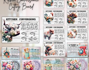 Puede incluir: Una colección de tablas de cortar decorativas para la cocina. Presentan tablas de conversión culinaria, ilustraciones de animales y arreglos florales. Las tablas tienen un fondo de vetas de madera blanca.