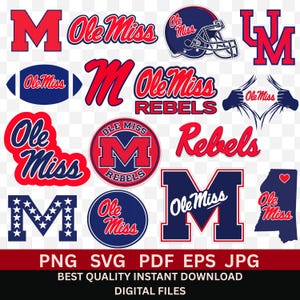 May include: A collection of Ole Miss-themed digital graphics in red, blue, and white. Designs include the letter "M", the words "Ole Miss" and "Rebels", a football, a helmet, and a state outline. Text at the bottom reads "PNG SVG PDF EPS JPG" and "DIGITAL FILES".