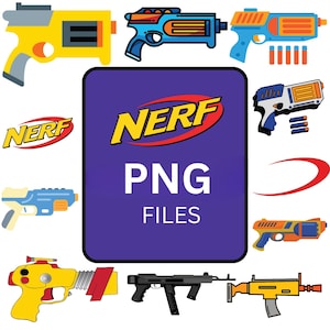 May include: A collection of colorful toy blasters and the Nerf logo. The image includes various designs in yellow, blue, orange, and gray. A central purple square displays "NERF" and "PNG FILES" in white and yellow.