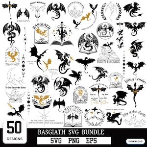 以下が含まれることがあります： ドラゴンをテーマにした50種類の黒と金のグラフィックデザインのデジタルコレクション。ドラゴンのシルエット、開いた本、剣、月、星、山などが描かれており、Basgiath War College、Wing Leader、ファンタジーの引用などのテキストが含まれています。