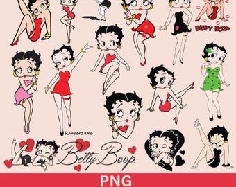 May include: A collection of Betty Boop illustrations in various poses, wearing red, black, pink, and green dresses. The image includes the text "Betty Boop" and "PNG BEST QUALITY INSTANT DOWNLOAD DIGITAL FILES".