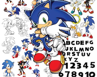 May include: A collection of Sonic the Hedgehog character illustrations in various poses, including full-color and line art versions. Also includes the alphabet, numbers, and the text "SONIC BUNDLE PNG". The characters are in blue, red, white, and black.