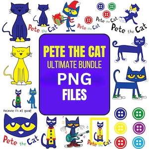 May include: A collection of Pete the Cat PNG files. The image features various illustrations of the blue cat, including Pete with a Santa hat, buttons, and the text "Pete the Cat Ultimate Bundle PNG Files."