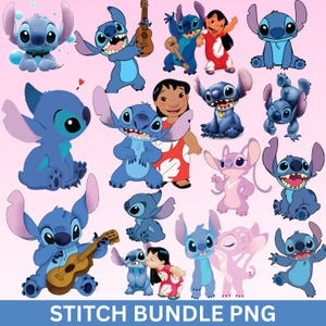 Pu&ograve; includere: Una collezione digitale di illustrazioni di Stitch e Lilo in varie pose, tra cui Stitch che suona l'ukulele, Stitch con Lilo e Angel. I personaggi sono blu e rosa con grandi orecchie, su uno sfondo rosa chiaro con del testo.
