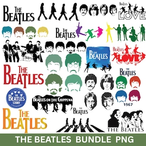 May include: A collection of Beatles-themed graphics in various colors, including silhouettes of the band members, their faces, and logos. The text "THE BEATLES" appears in multiple fonts and colors, along with the text "LOVE" and "1967". The words "THE BEATLES BUNDLE PNG" are at the bottom.