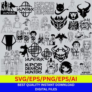 以下が含まれることがあります： 様々なデザインが施された白黒のデジタルアートファイル集。人物、動物、ロゴのイラストが含まれています。画像には「K-POP DEMON HUNTERS」と「HUNTRAX」の文字が含まれています。下部のバナーには「SVG/EPS/PNG/EPS/AI」と「BEST QUALITY INSTANT DOWNLOAD DIGITAL FILES」と書かれています。