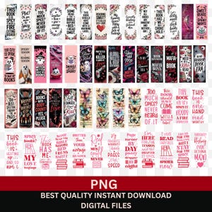 Puede incluir: Una colección de marcapáginas coloridos con varios diseños y texto. Los marcapáginas presentan citas, patrones florales e imágenes de mariposas, libros y temas espeluznantes. El texto incluye frases como "Too Spicy?" y "Mafia Book Club."