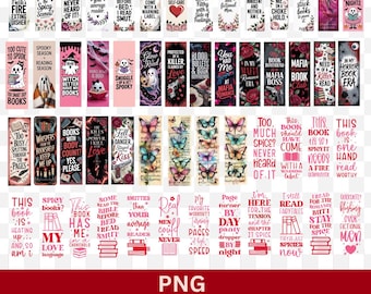 Puede incluir: Una colección de marcapáginas coloridos con varios diseños y texto. Los marcapáginas presentan citas, patrones florales e imágenes de mariposas, libros y temas espeluznantes. El texto incluye frases como "Too Spicy?" y "Mafia Book Club."