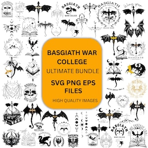 以下が含まれることがあります： ドラゴンをテーマにした白黒のデザインコレクション。ドラゴン、翼、テキスト要素が含まれています。デザインには「Basgiath War College」と「SVG PNG EPS FILES」の文字が記載されています。