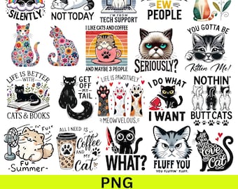 Funny Cat PNG Designs Bundle, Cat Lover Sublimation (Digital Download)