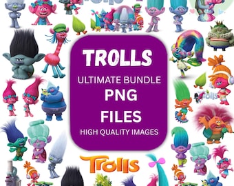 Pacchetto di clipart PNG Trolls: caratteri, documenti, decorazioni per feste di compleanno (download digitale)