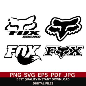 May include: Four black and white Fox Racing logos in various designs. The logos include the Fox head and the words "FOX RACING". The bottom of the image has the text "PNG SVG EPS PDF JPG" and "BEST QUALITY INSTANT DOWNLOAD DIGITAL FILES".