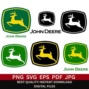 May include: A collection of John Deere logos in various color schemes, including green and yellow, black and white, and black and yellow. The logos feature a leaping deer within a shield shape, with the text "JOHN DEERE" below some of them. The bottom of the image has text that says "PNG SVG EPS PDF JPG BEST QUALITY INSTANT DOWNLOAD DIGITAL FILES."