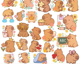 Kit clipart kawaii di capibara: grafica PNG estiva da spiaggia (download digitale)