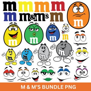 Puede incluir: Una colección de gráficos temáticos de M&M's en varios colores y estilos. Incluye el logotipo de M&M's, caramelos individuales con caras y varias expresiones faciales. El texto "M & M'S BUNDLE PNG" está en la parte inferior.