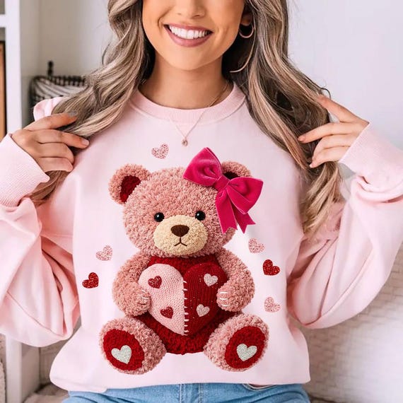 Faux Yarn Valentine's Day Teddy Bear Png, Coquette Valentines Png