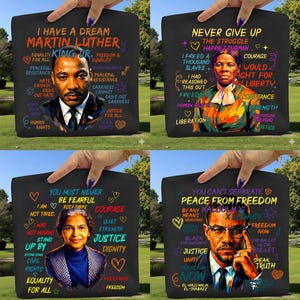 May include: Four black tote bags with portraits of Martin Luther King Jr., Harriet Tubman, Rosa Parks, and Malcolm X. Each bag features quotes and phrases about civil rights and equality, with colourful accents.