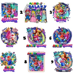 May include: A collection of nine colorful graphic designs featuring characters from the Super Mario Galaxy movie. Each design showcases Mario, Princess Peach, Luigi, and other characters in a space-themed setting, with the words "MARIO GALAXY" and "THE SUPER MARIO GALAXY MOVIE".