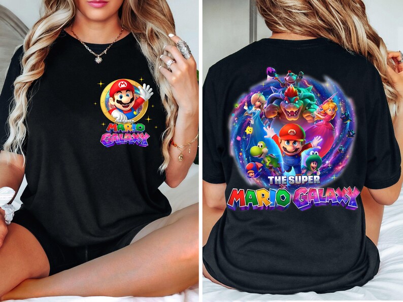 Custom Video Game Character Shirt, Personalized Galaxy Adventure Tee, Super Mario Galaxy Inspired Sweatshirt, Retro Gamer Family Trip Gift image 4