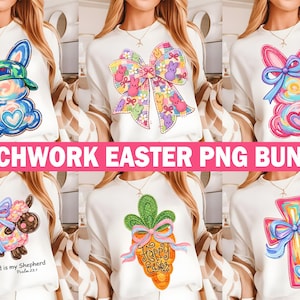 Op de afbeelding: Een verzameling witte sweatshirts met kleurrijke paasontwerpen. De ontwerpen omvatten een konijn, een strik met konijnen, een konijnenlolly, een schaap, een wortel en een kruis. De tekst "PATCHWORK EASTER PNG BUNDLE" wordt weergegeven.