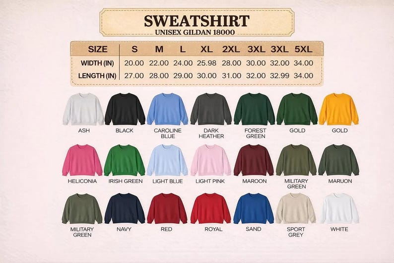 May include: A product image showcasing a variety of Gildan 18000 unisex sweatshirts in various colors, including black, blue, and green. The image includes a size chart with measurements in inches for width and length, ranging from S to 5XL.