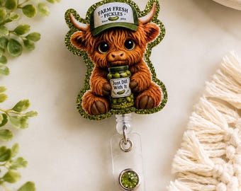 Highland Cow Badge Reel, Glitter pickle, Nurse ID Holder, Western Style Clip