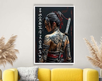 Samurai Woman with Dragon Tattoos Canvas Art – Japanese Warrior Aesthetic Wall Decor – Katana Samurai Illustration Print