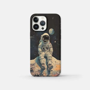 Retro Astronaut Phone Case, Cosmic Space Art Cover for iPhone Samsung Pixel, Sitting Astronaut Galaxy Design