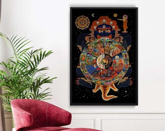 Tibetan Wheel of Life Poster, Bhavachakra Wall Art, Samsara Cycle Buddhist Thangka, Spiritual Karma Chart Mandala