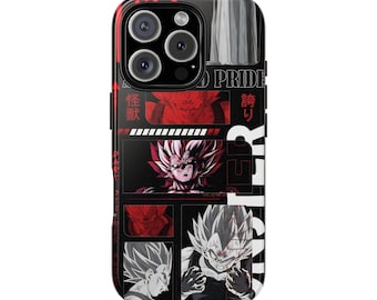 Custodia per telefono Awakened Pride Anime / Compatibile con iPhone, Samsung, Google Pixel / Copertina con disegno manga di Goku e Vegeta rosso