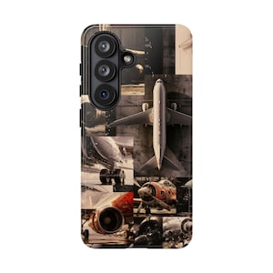 May include: A phone case featuring a collage of airplane images in shades of gray, brown, and red. The design includes various aircraft, engines, and parts, creating a vintage aviation theme.