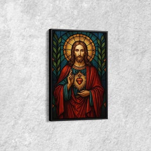 Toile d'art style vitrail sacré-coeur, décoration murale icône spirituelle, oeuvre d'art symbole religieux pour la maison