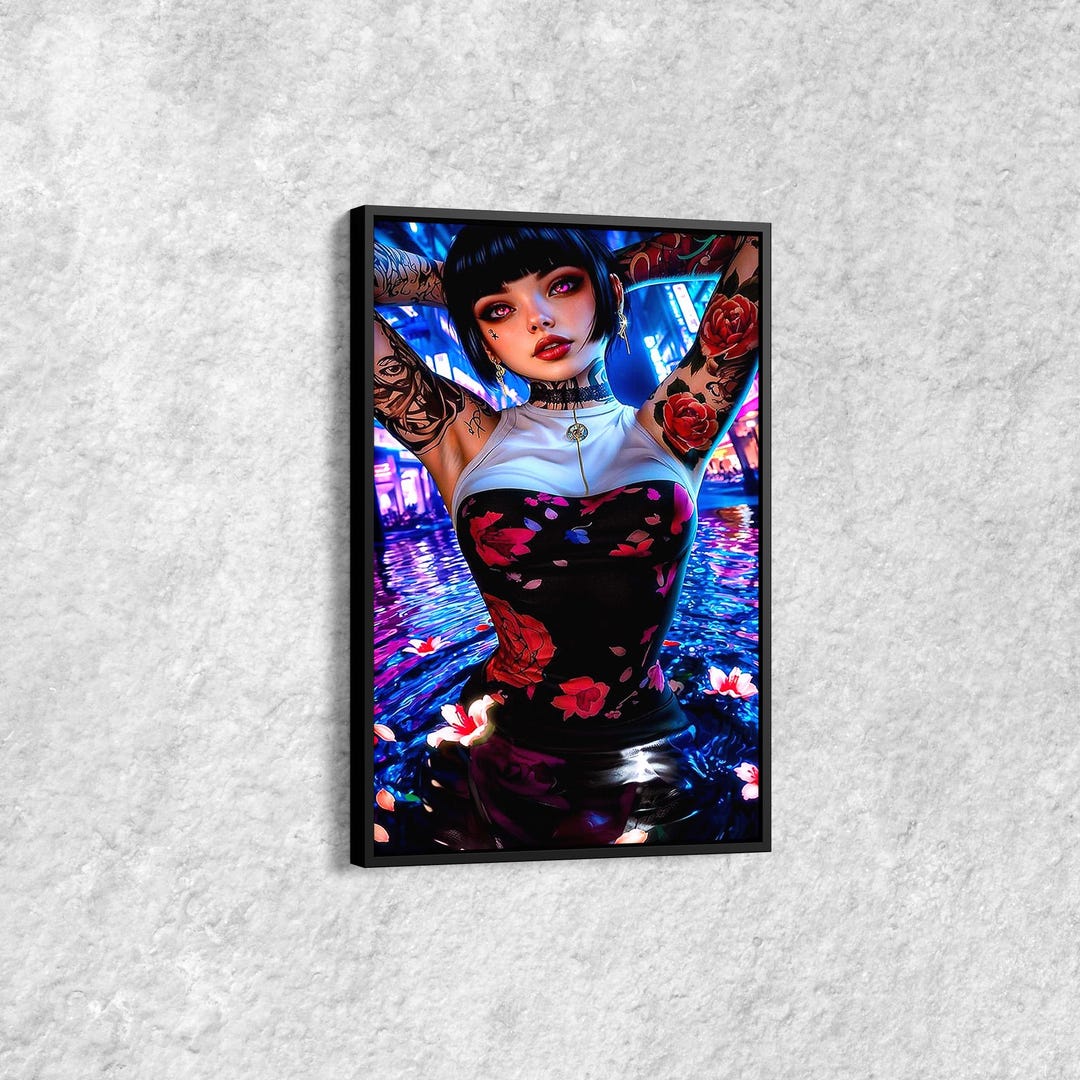 Cyberpunk Anime Girl Canvas Wall Art, Neon Tattoo Woman Print, Japanese ...