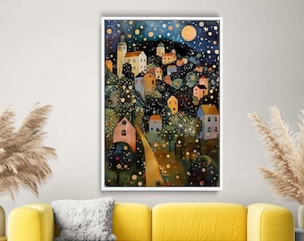 Whimsical Night Cityscape Canvas Art, Colorful Starry Town Illustration, Decorative Wall Art Painting