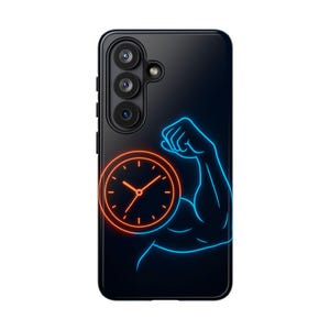 Neon Time Power Phone Case, Muscle Arm and Clock Design, Motivation Fitness Aesthetic Case for iPhone Samsung Pixel