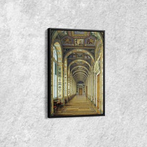 Classical Palace Corridor Canvas Art, Vintage European Architecture Wall Decor, Ornate Ceiling Fresco Hallway Artwork