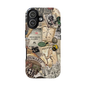 May include: A phone case featuring a collage of vintage-style images and text. The design includes newspaper clippings, illustrations, and the Hogwarts crest. The color palette is primarily beige, brown, and black.