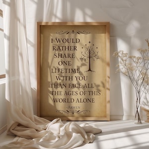 May include: Framed print with a quote from Arwen: "I would rather share one lifetime with you than face all the ages of this world alone." The print has a brown background and a wooden frame. A tree and star design is above the quote.