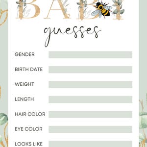 Jeu de devinettes pour baby shower sur le thème des abeilles - Carte de prédiction de bébé non sexiste - Activité amusante pour baby shower