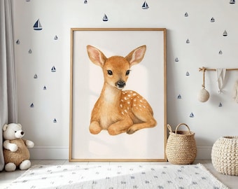 Watercolor Baby Fawn Print: Woodland Nursery Art (Digital Download
