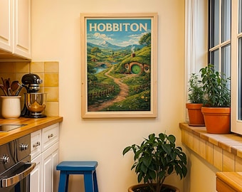 Arte de parede inspirada em Hobbiton | Impressão de paisagem fantástica do Condado | Pôster estilo viagem vintage | Download digital instantâneo