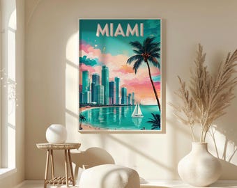 Retro Miami Skyline Print: Tropical Pastel Colors (PDF Digital Download A3 Size)
