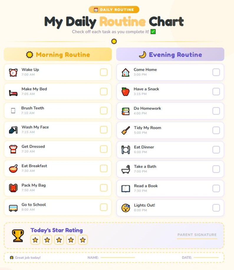 Kids Daily Routine Chart | Printable PDF | Morning Evening Checklist ...